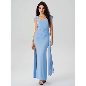 CIDER Blue Ruched‎ Split Gown Sweetheart Sleeveless Maxi Dress High Slit 1XL NWT